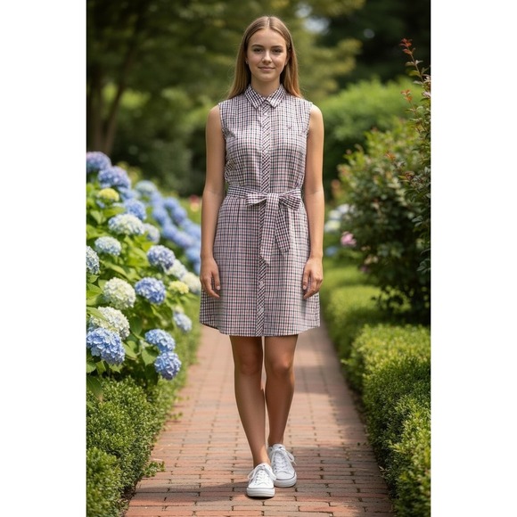 Tommy Hilfiger Other - Tommy Hilfiger Shirt Dress Red White Blue Plaid Belted Sleeveless Cotton Size 14
